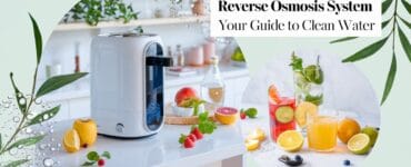 Countertop reverse osmosis system on a kitchen counter with fresh fruits and juices, promoting clean water benefits.