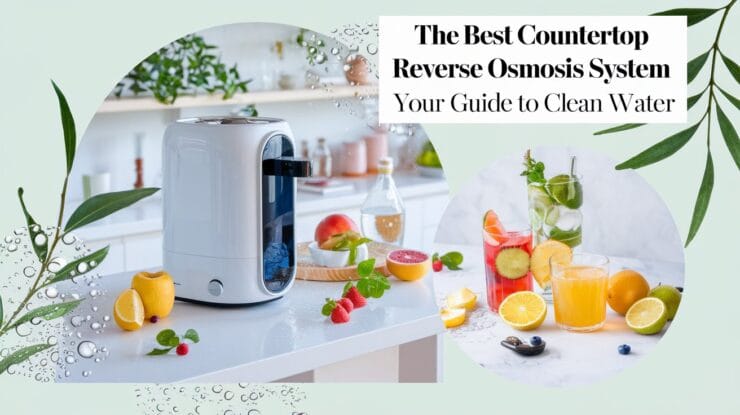 Countertop reverse osmosis system on a kitchen counter with fresh fruits and juices, promoting clean water benefits.