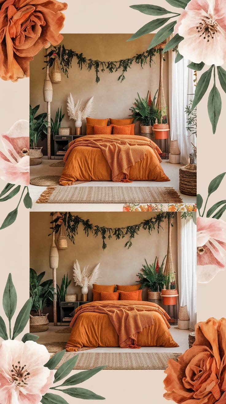 Boho bedroom decor with orange bedding, greenery, and floral accents.
