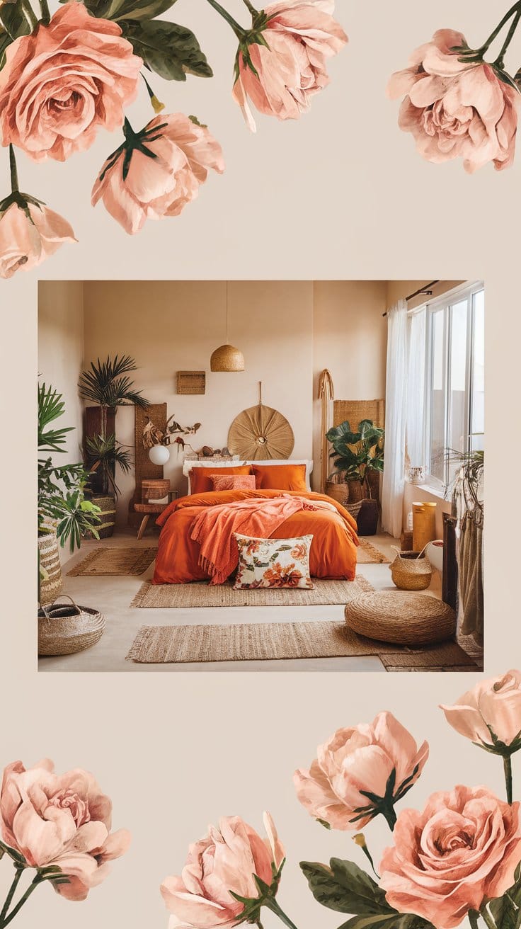 Bohemian bedroom with orange bedding, surrounded by plants and woven decor, framed by floral border.