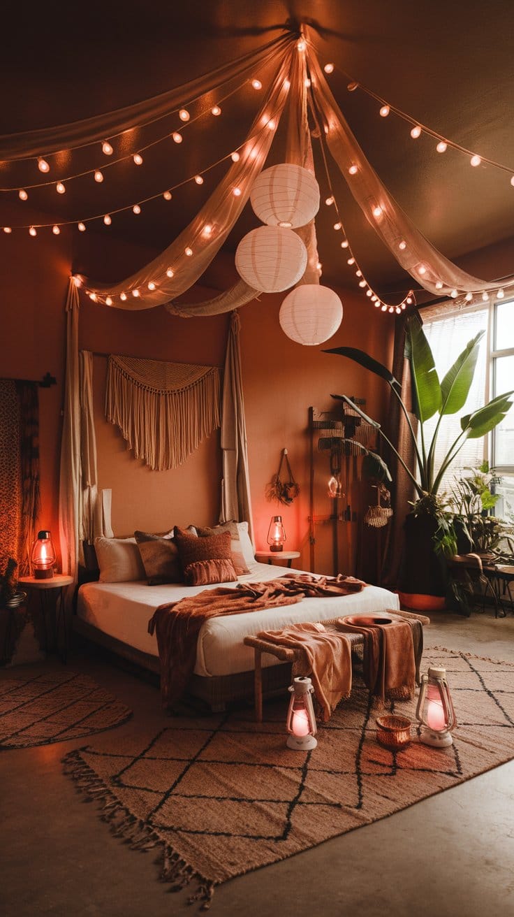 Cozy bohemian bedroom with string lights, canopy drapes, and plush decor.