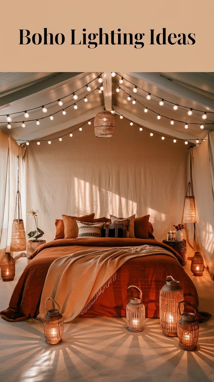 Cozy boho bedroom with string lights and warm earthy tones.
