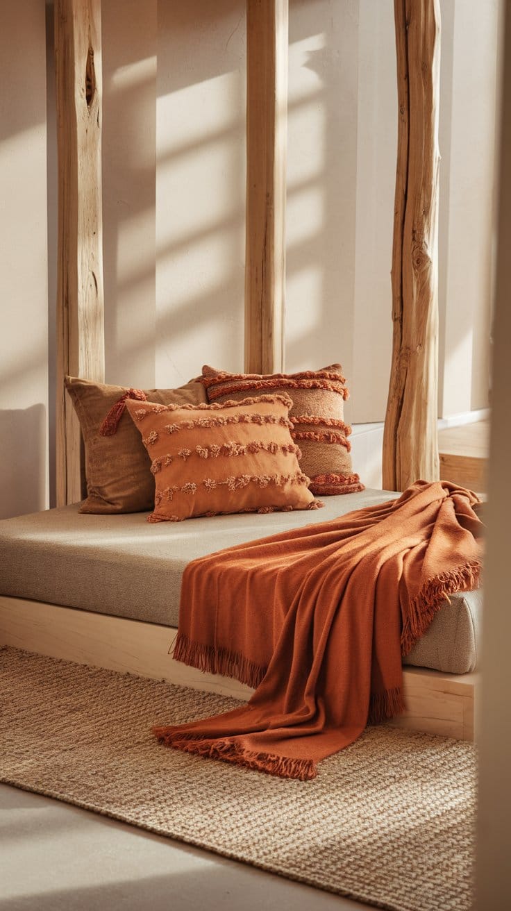 Cozy minimalist nook with rustic decor, featuring textured cushions and a warm throw on a modern bench.