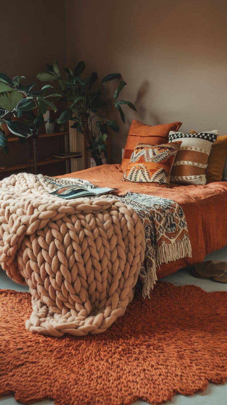 Cozy bedroom with orange bedding, decorative pillows, chunky knit blanket, indoor plants, and patterned rug.