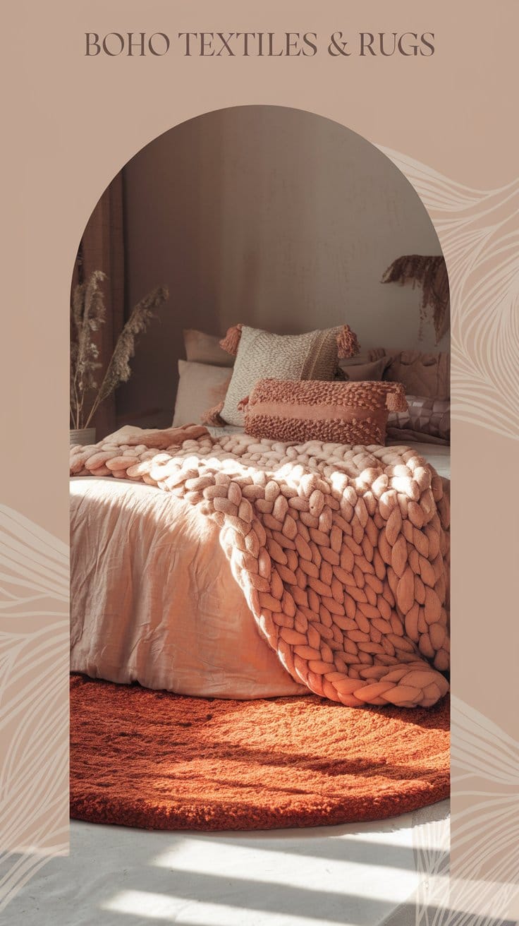 Boho bedroom with cozy textiles, chunky knit blanket, and stylish rugs.