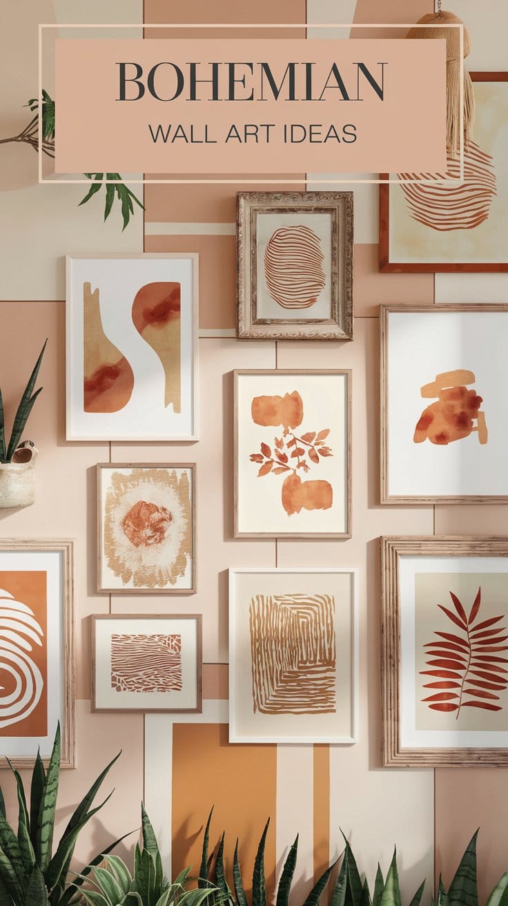 Bohemian wall art gallery with abstract and botanical prints in wooden frames, surrounded by indoor plants.