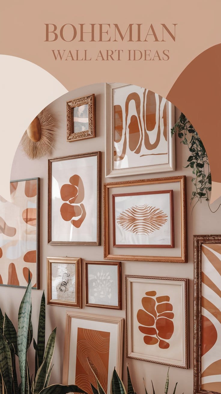 Bohemian wall art gallery with abstract prints in warm earth tones and decorative frames.