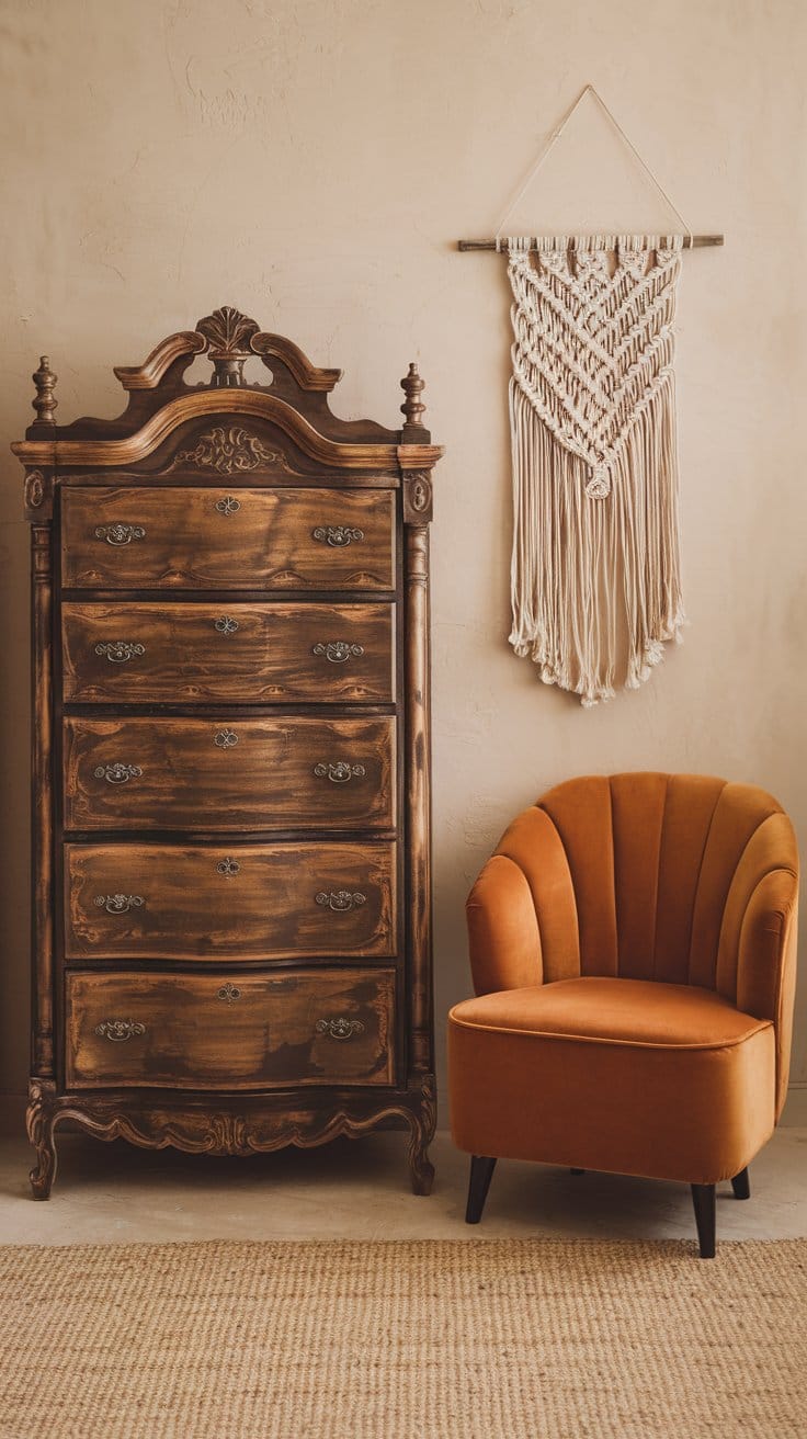 Vintage wooden dresser with an orange velvet chair and macrame wall hanging in stylish bohemian room.
