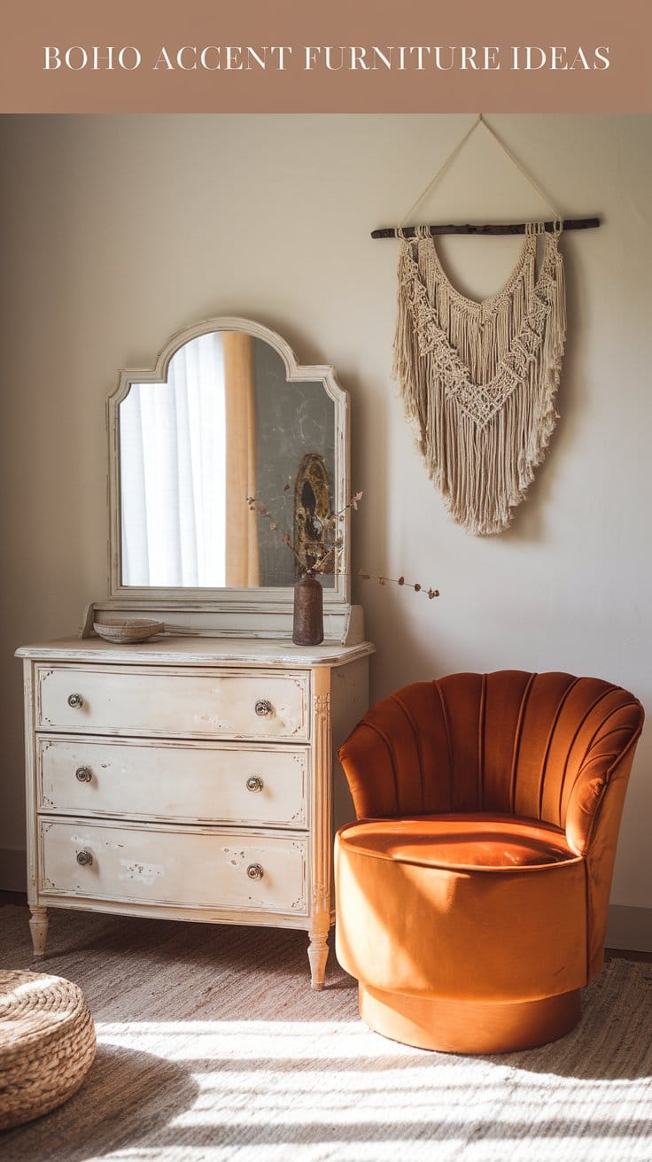 Boho accent furniture setup with vintage dresser, orange chair, and macramé wall hanging.