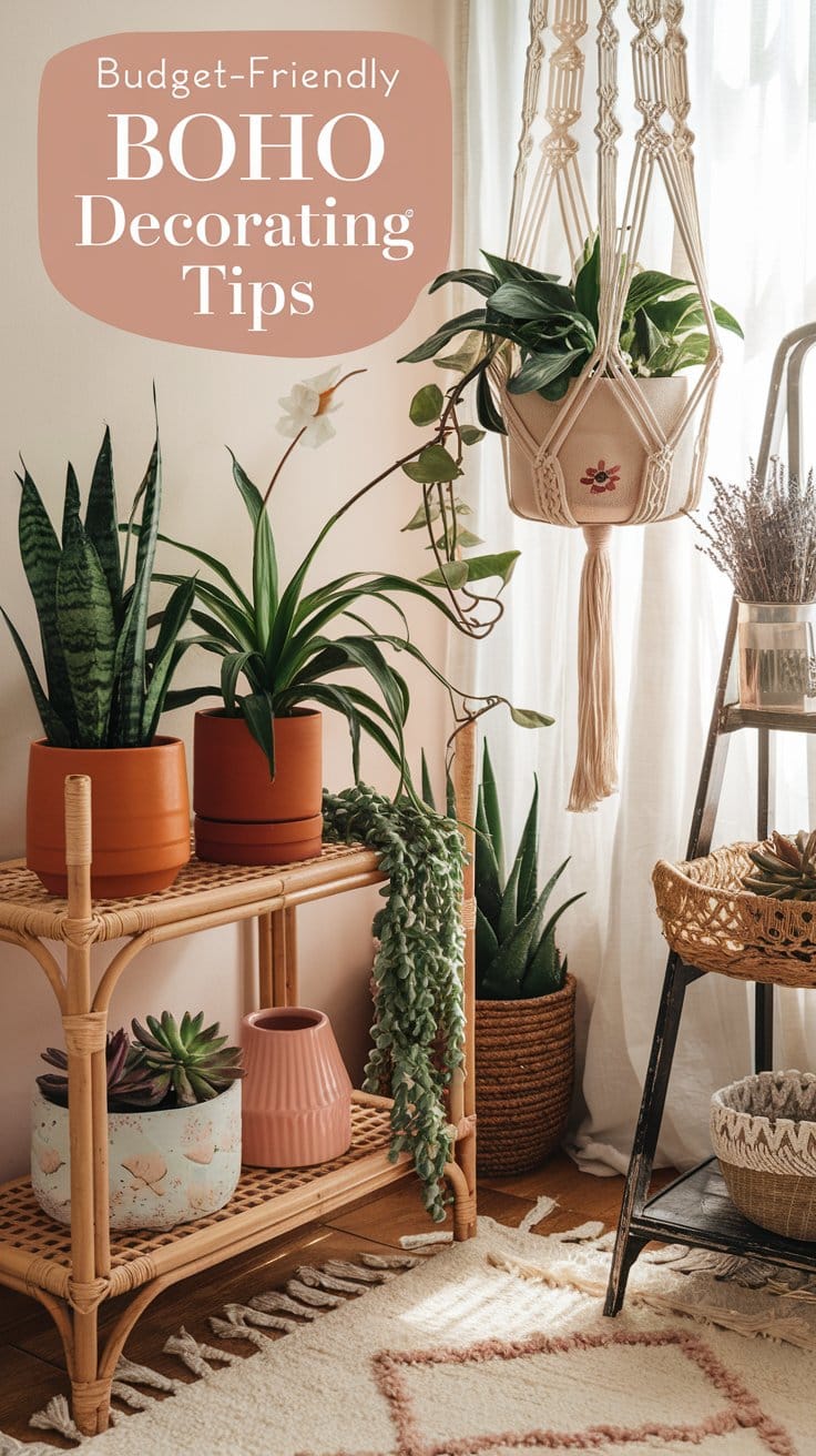 Boho living room with indoor plants and rattan furniture, showcasing budget-friendly decorating tips.