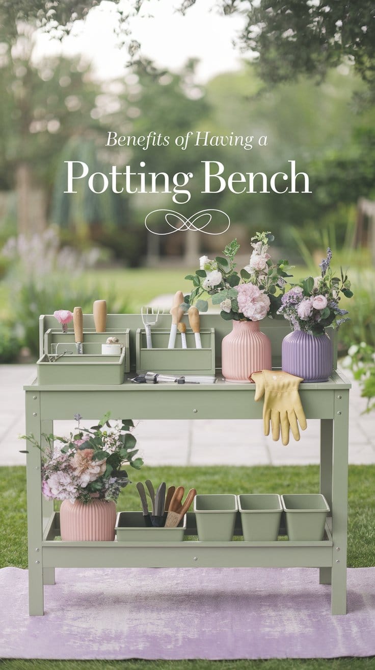 Green potting bench with gardening tools, flowers, and benefits text in a lush garden setting.