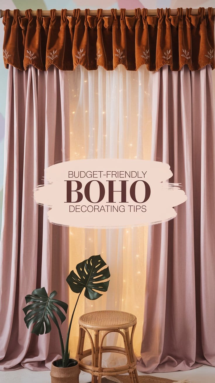 Boho-style decor with layered curtains, rattan stool, and potted plant for budget-friendly home decorating tips.