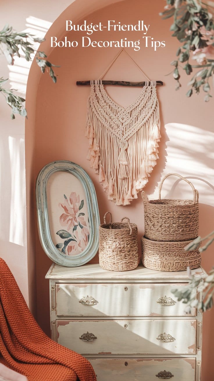 Boho chic room decor with macrame wall hanging, wicker baskets, floral artwork, and vintage dresser.