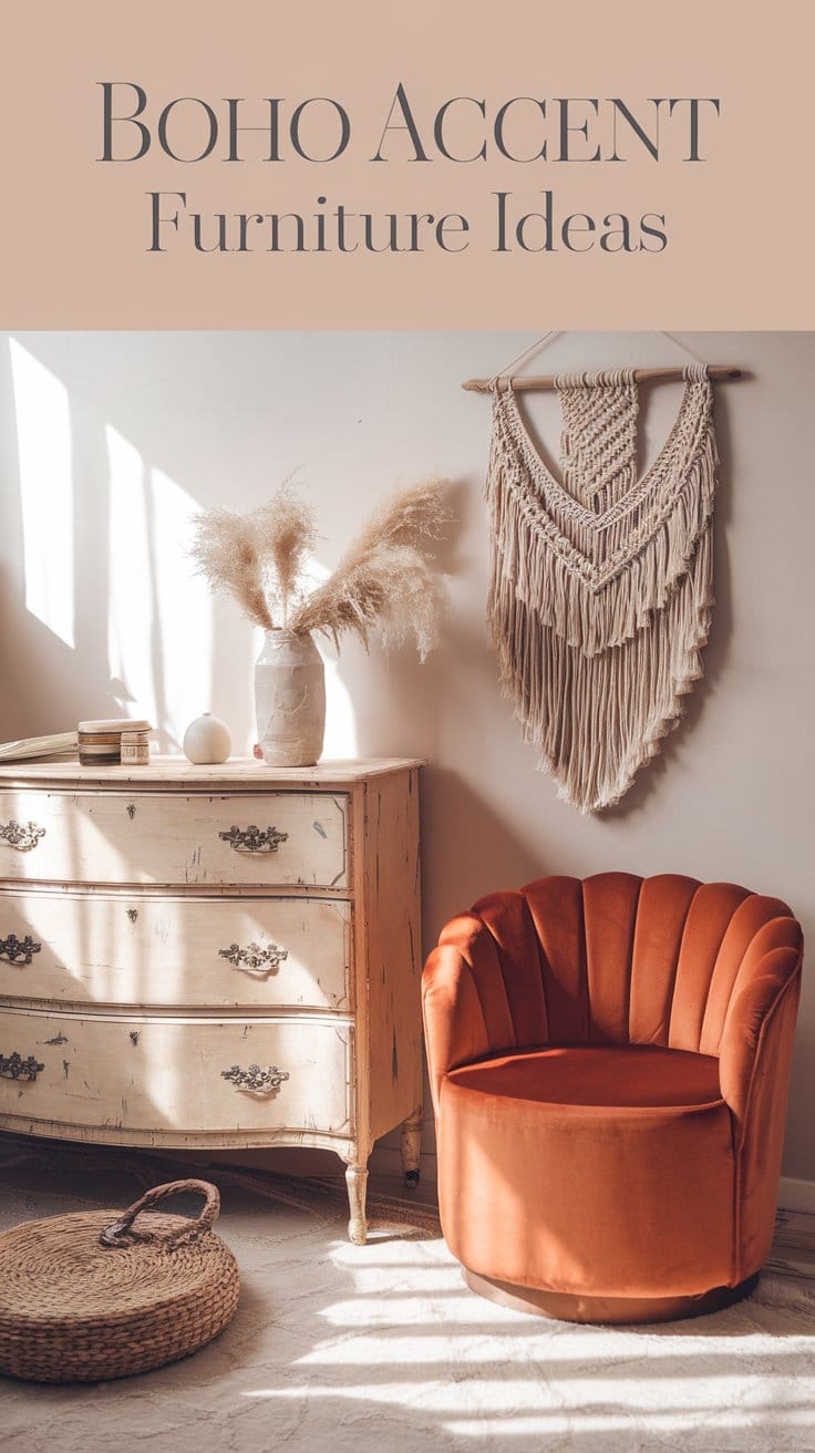 Boho accent furniture ideas with rustic dresser, orange velvet chair, macrame wall hanging, and pampas grass decor in sunlight.