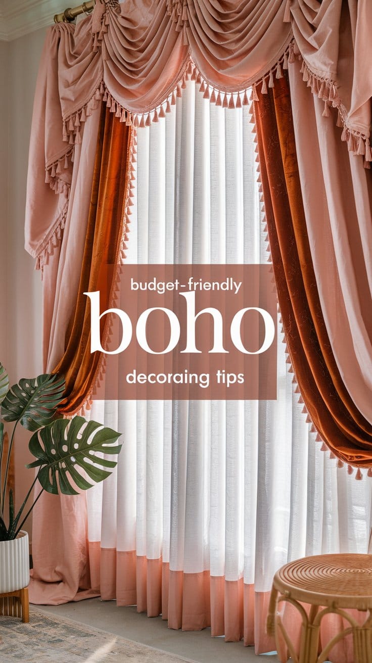 Boho living room with stylish pink curtains, potted plant, and decor, featuring budget-friendly decorating tips text.