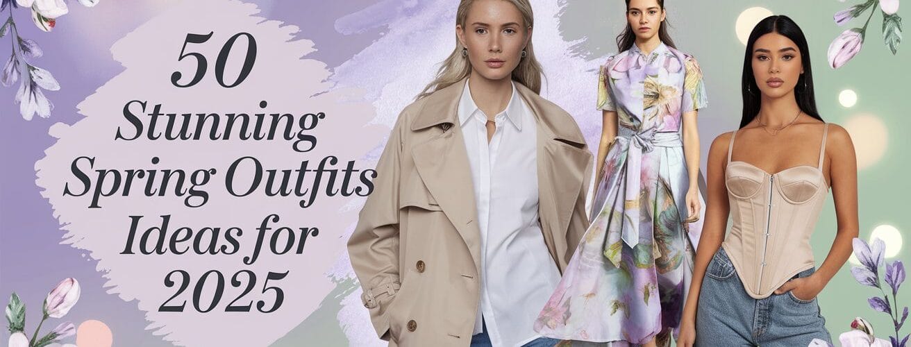 "50 Stunning Spring Outfit Ideas for 2025 featuring stylish women's fashion trends with floral background."