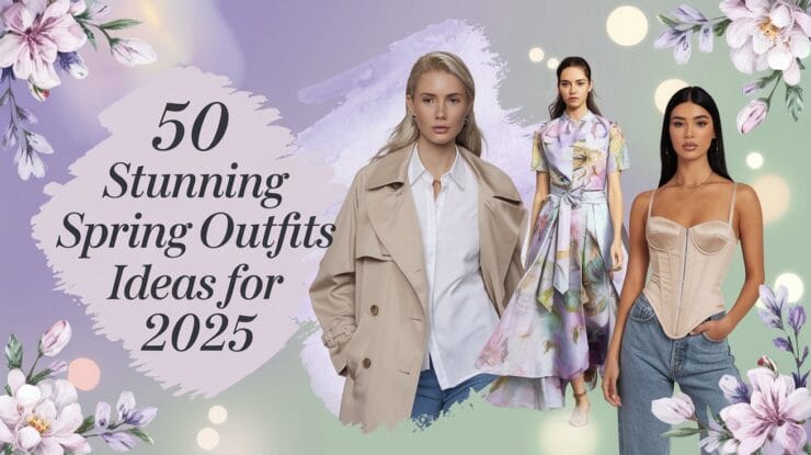 "50 Stunning Spring Outfit Ideas for 2025 featuring stylish women's fashion trends with floral background."